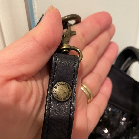 RED VALENTINO | Black Leather and Canvas Ruffled Sequin Lg Tote Bag - Picture 4 of 8